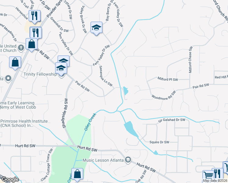 map of restaurants, bars, coffee shops, grocery stores, and more near 1911 Pair Road Southwest in Marietta
