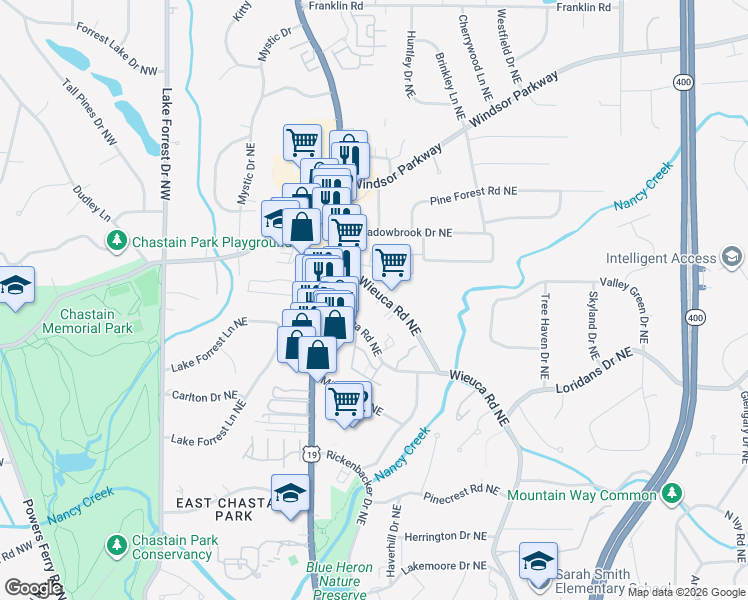 map of restaurants, bars, coffee shops, grocery stores, and more near 258 West Wieuca Road Northeast in Atlanta