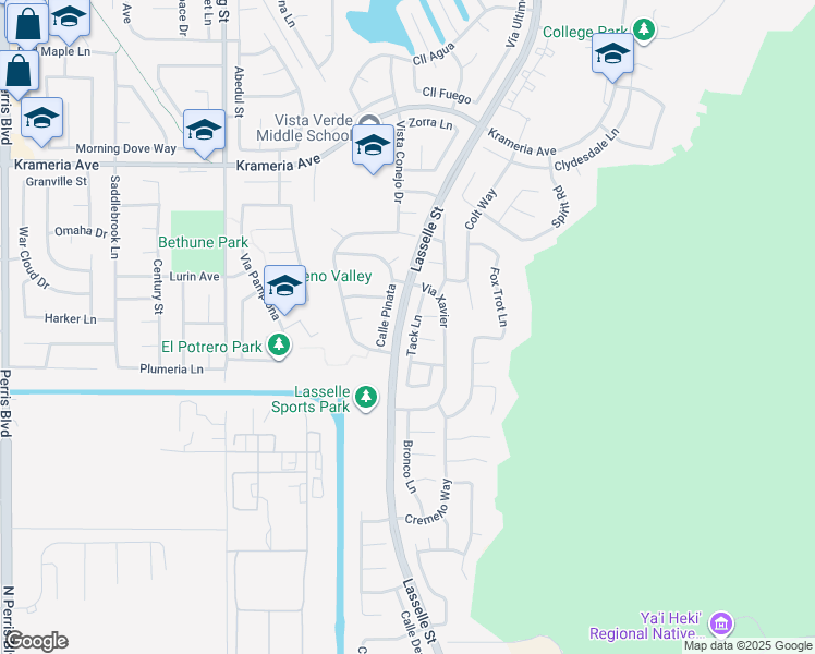 map of restaurants, bars, coffee shops, grocery stores, and more near 16921 Tack Lane in Moreno Valley