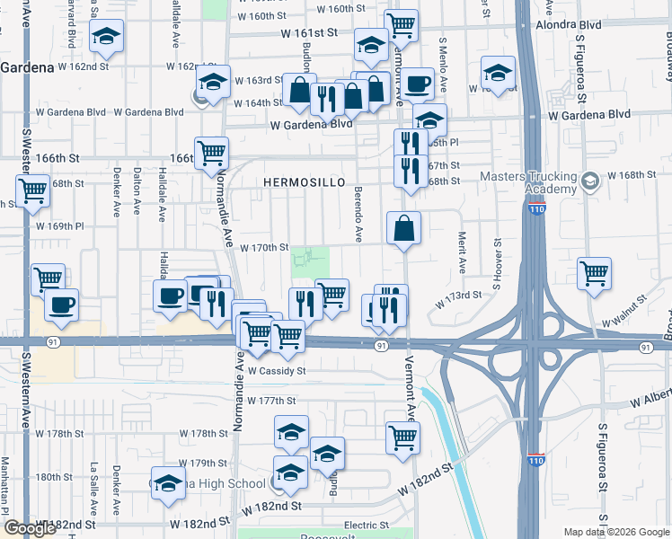 map of restaurants, bars, coffee shops, grocery stores, and more near 17019 South Catalina Avenue in Gardena