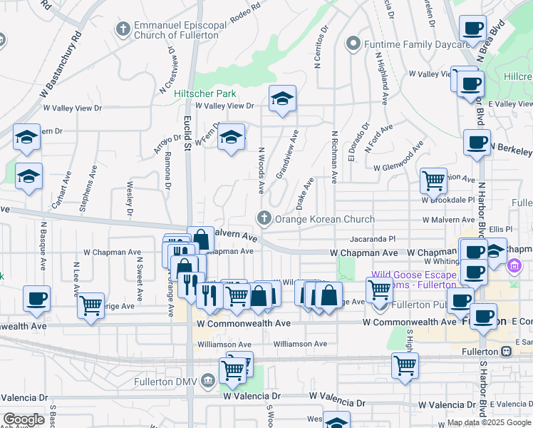 map of restaurants, bars, coffee shops, grocery stores, and more near 620 North Woods Avenue in Fullerton