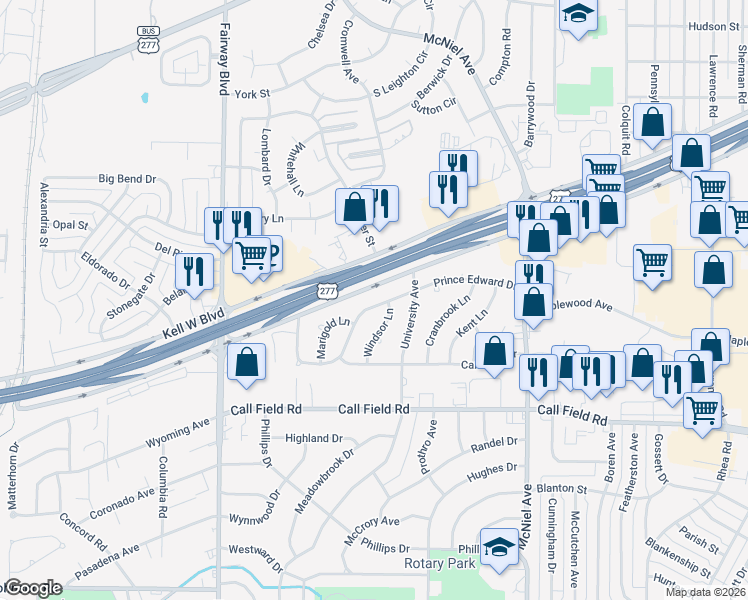 map of restaurants, bars, coffee shops, grocery stores, and more near 4412 Prince Edward Drive in Wichita Falls