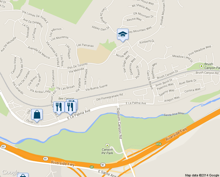 map of restaurants, bars, coffee shops, grocery stores, and more near 24690 Vía Buena Suerte in Yorba Linda