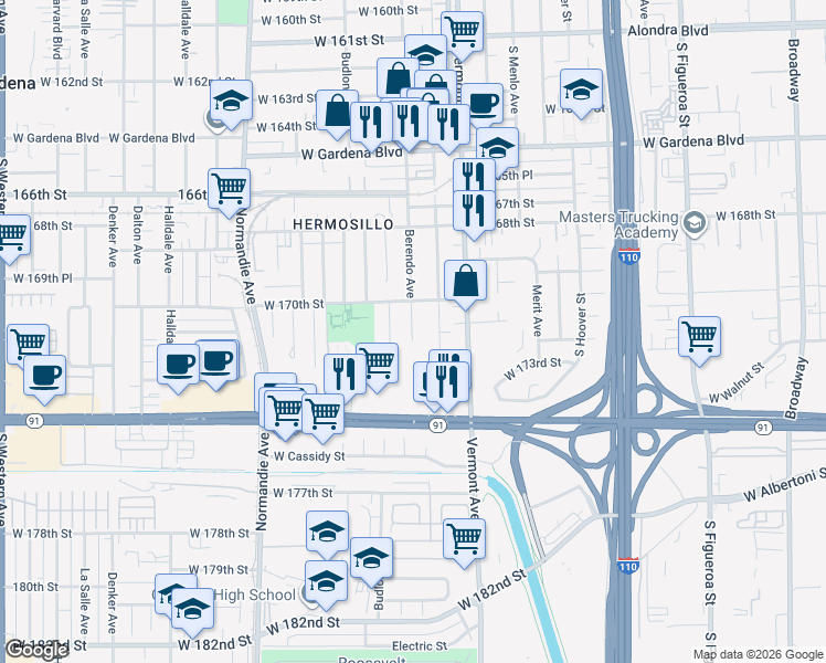 map of restaurants, bars, coffee shops, grocery stores, and more near 17018 Berendo Avenue in Gardena