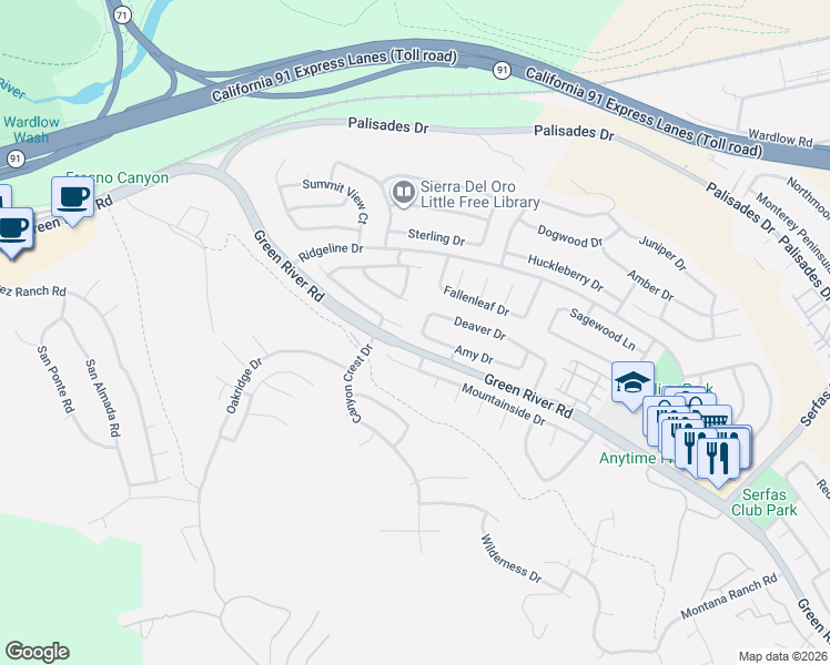 map of restaurants, bars, coffee shops, grocery stores, and more near 1240 Jonah Drive in Corona