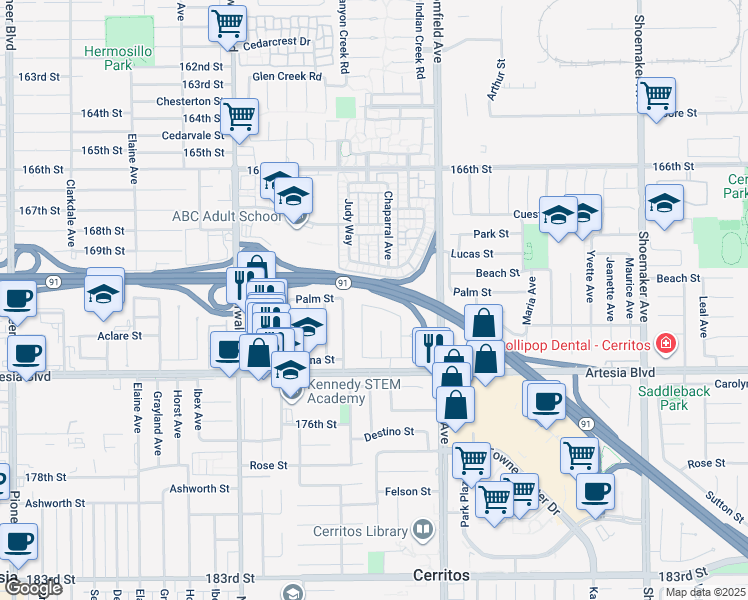 map of restaurants, bars, coffee shops, grocery stores, and more near 12443 Autumn Breeze Street in Cerritos