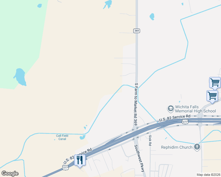 map of restaurants, bars, coffee shops, grocery stores, and more near 3950 South Farm to Market Road 369 in Wichita Falls
