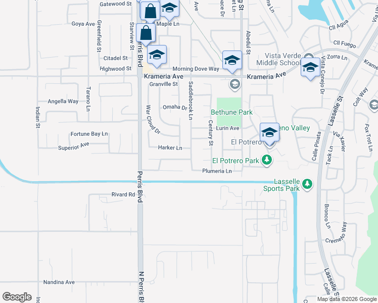 map of restaurants, bars, coffee shops, grocery stores, and more near 25247 Harker Lane in Moreno Valley