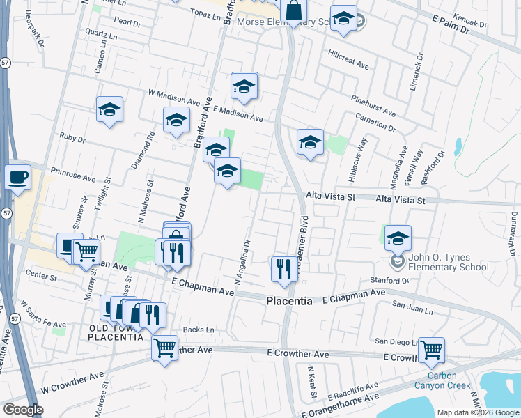 map of restaurants, bars, coffee shops, grocery stores, and more near 525 Valley Forge Drive in Placentia