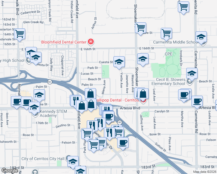 map of restaurants, bars, coffee shops, grocery stores, and more near 17119 Alfred Avenue in Cerritos