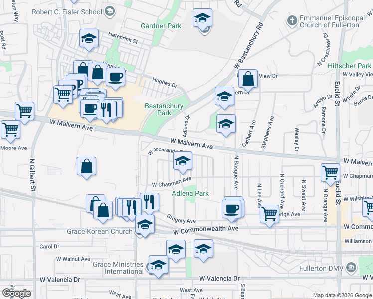 map of restaurants, bars, coffee shops, grocery stores, and more near 1755 West Malvern Avenue in Fullerton