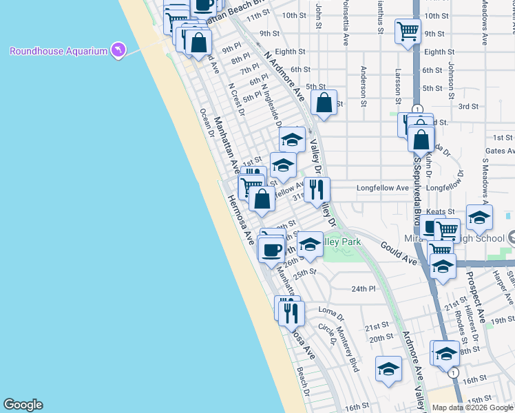 map of restaurants, bars, coffee shops, grocery stores, and more near 242 32nd Place in Hermosa Beach