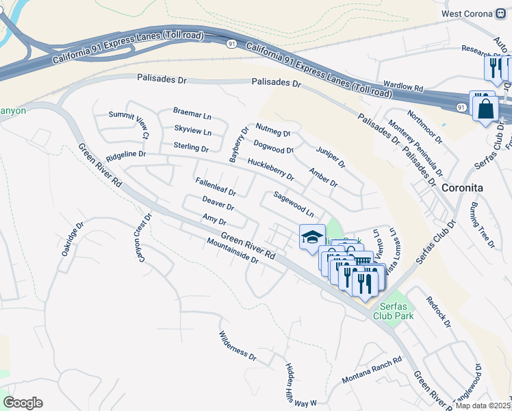 map of restaurants, bars, coffee shops, grocery stores, and more near 1088 Torrey Drive in Corona