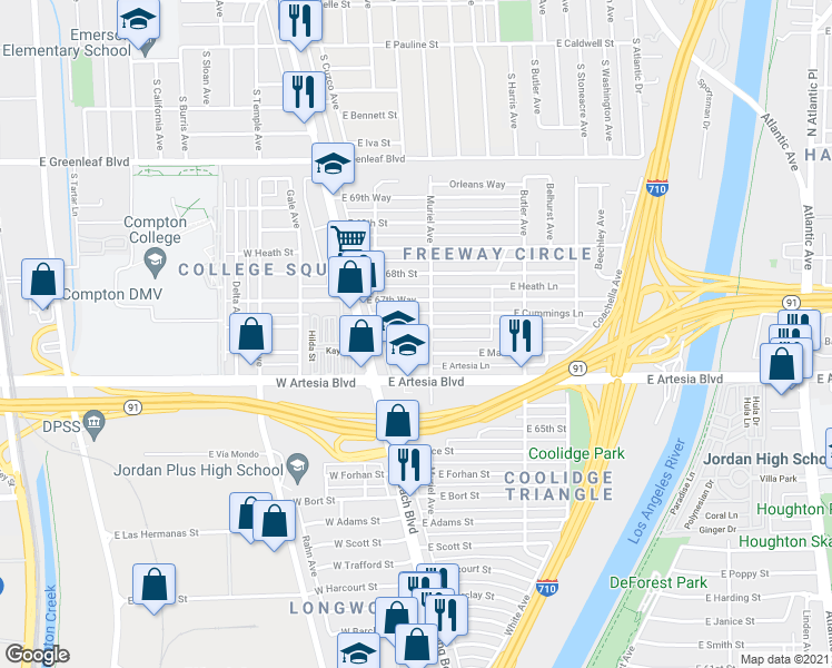 map of restaurants, bars, coffee shops, grocery stores, and more near 162 East 67th Street in Long Beach