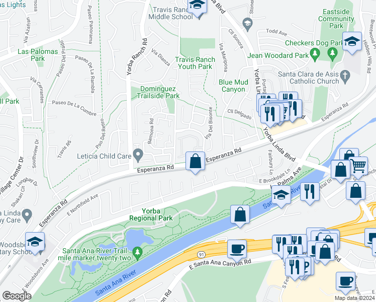 map of restaurants, bars, coffee shops, grocery stores, and more near 21345 Vía Del Lobo in Yorba Linda
