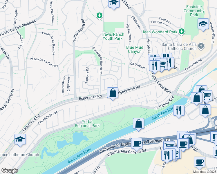 map of restaurants, bars, coffee shops, grocery stores, and more near 21345 Vía Del Lobo in Yorba Linda