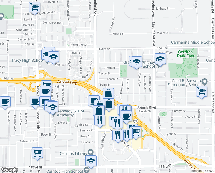 map of restaurants, bars, coffee shops, grocery stores, and more near 12684 Palm Street in Cerritos