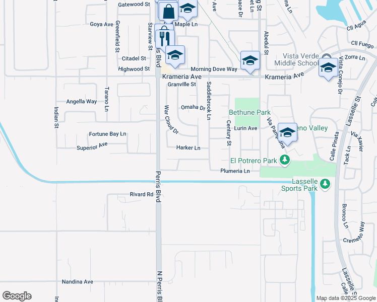map of restaurants, bars, coffee shops, grocery stores, and more near 25148 Harker Lane in Moreno Valley