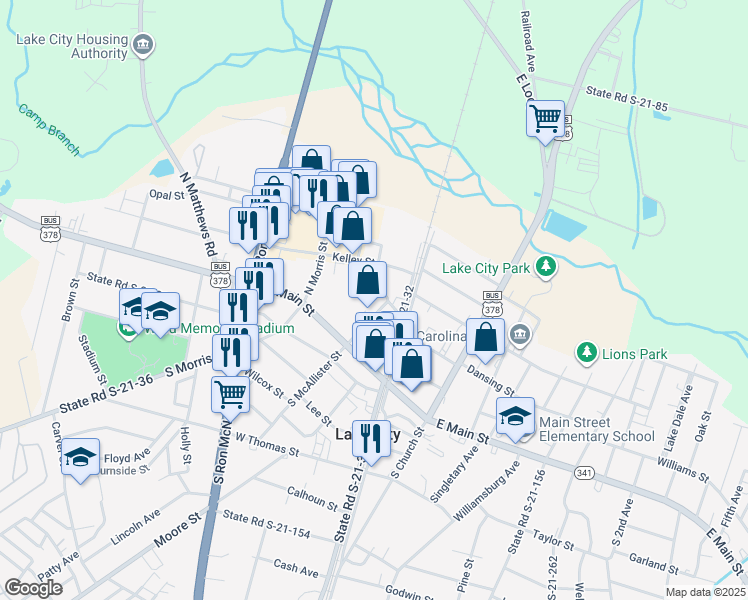 map of restaurants, bars, coffee shops, grocery stores, and more near 130 North Mcallister Street in Lake City