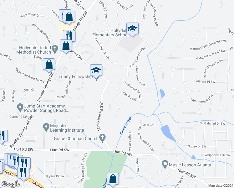 map of restaurants, bars, coffee shops, grocery stores, and more near 3330 Heatherwood Lane Southwest in Marietta