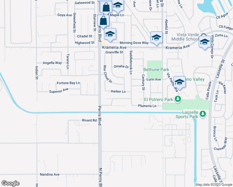 map of restaurants, bars, coffee shops, grocery stores, and more near 25148 Harker Lane in Moreno Valley