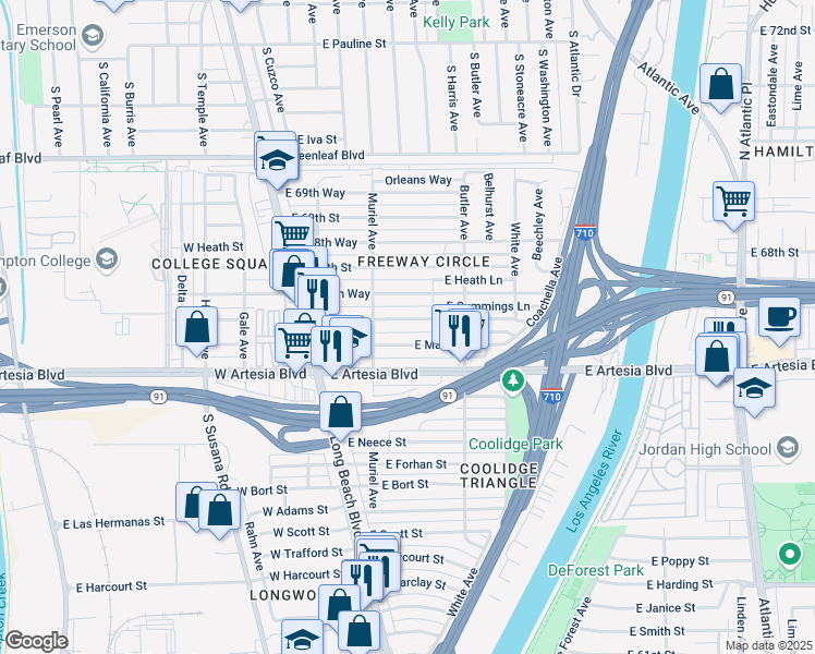 map of restaurants, bars, coffee shops, grocery stores, and more near 248 East 67th Street in Long Beach