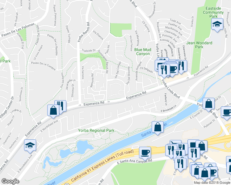 map of restaurants, bars, coffee shops, grocery stores, and more near 21355 Vía Del Lobo in Yorba Linda