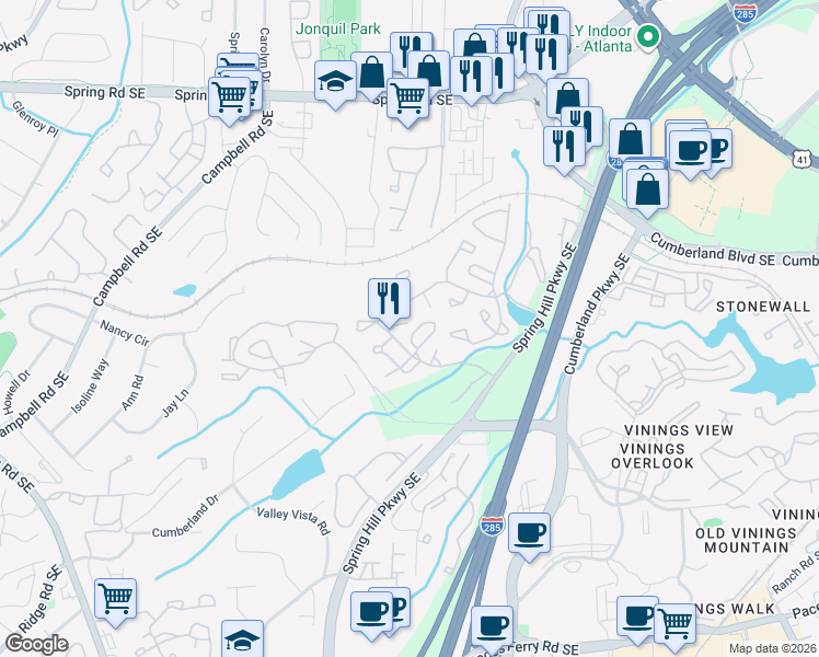 map of restaurants, bars, coffee shops, grocery stores, and more near 804 Cumberland Court in Smyrna