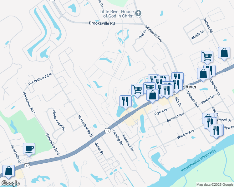 map of restaurants, bars, coffee shops, grocery stores, and more near Q-4 Pinehurst Circle in Little River
