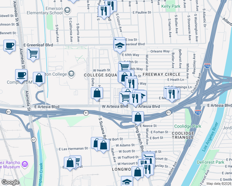map of restaurants, bars, coffee shops, grocery stores, and more near 6665 Long Beach Boulevard in Long Beach