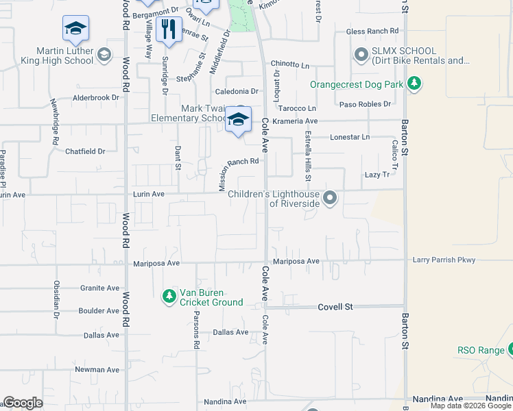 map of restaurants, bars, coffee shops, grocery stores, and more near 16820 Cole Avenue in Riverside