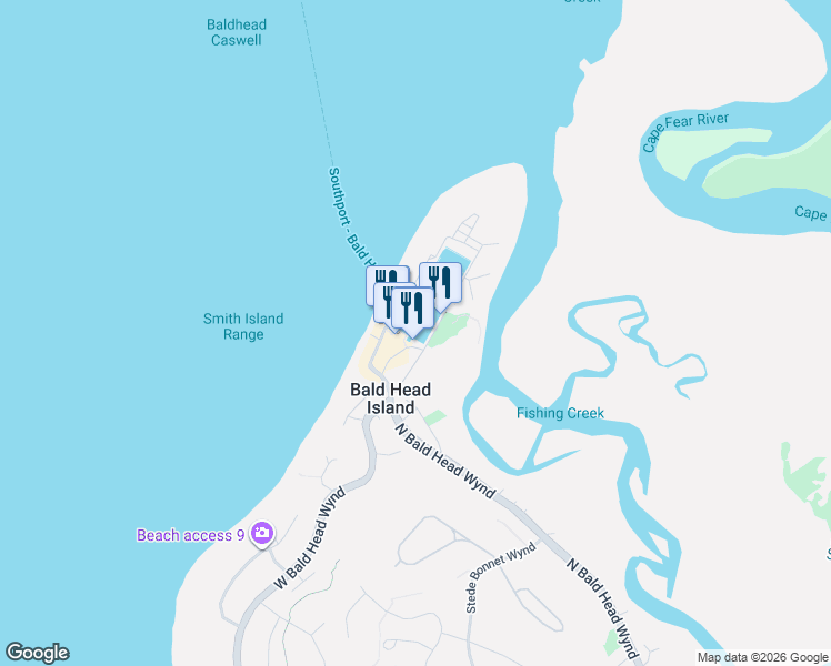 map of restaurants, bars, coffee shops, grocery stores, and more near 10 Marina Wynd in Bald Head Island