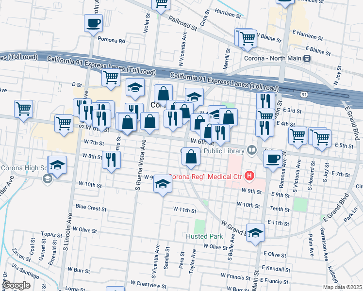 map of restaurants, bars, coffee shops, grocery stores, and more near 610 West Grand Boulevard in Corona