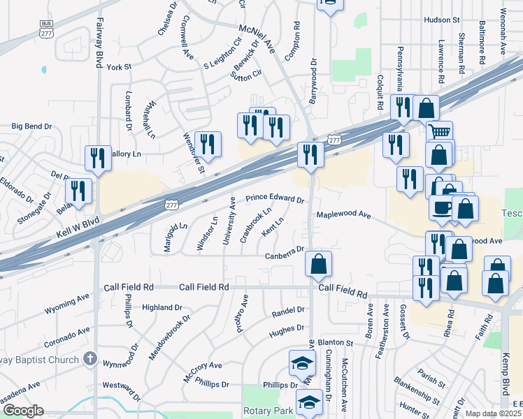 map of restaurants, bars, coffee shops, grocery stores, and more near 2 Arborgate Terrace in Wichita Falls