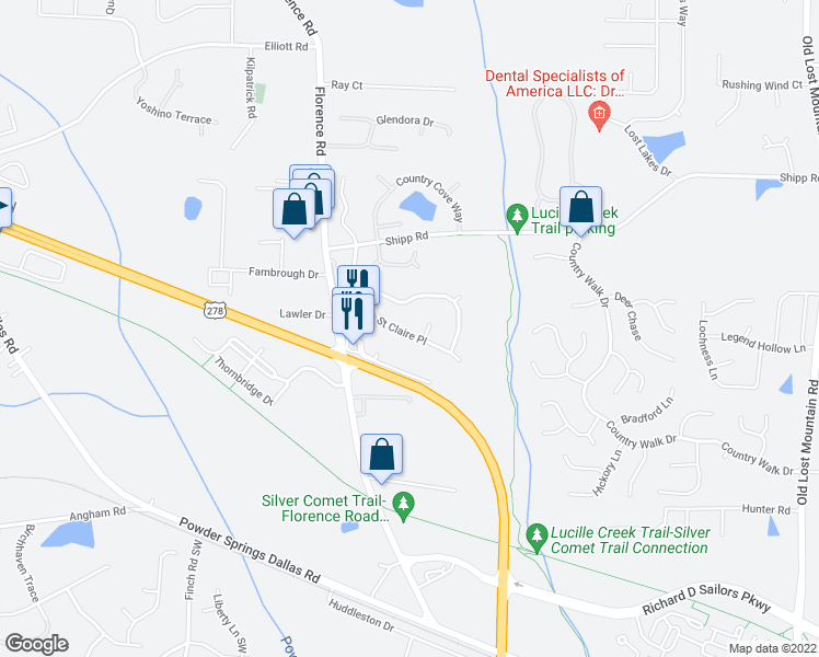 map of restaurants, bars, coffee shops, grocery stores, and more near 5165 Saint Claire Place in Powder Springs
