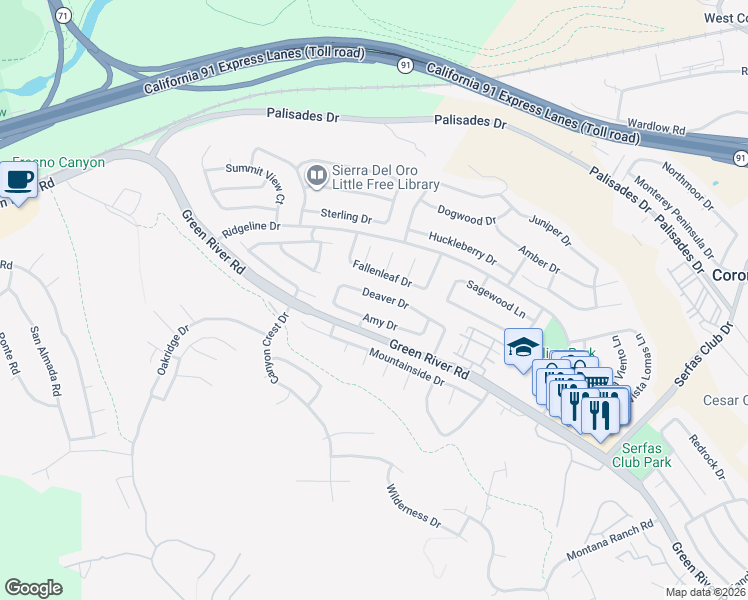 map of restaurants, bars, coffee shops, grocery stores, and more near 3352 Deaver Drive in Corona