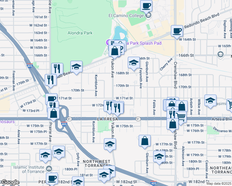 map of restaurants, bars, coffee shops, grocery stores, and more near 17030 Yukon Avenue in Torrance