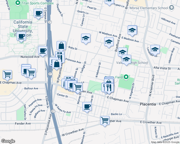 map of restaurants, bars, coffee shops, grocery stores, and more near 408 Orchid Drive in Placentia