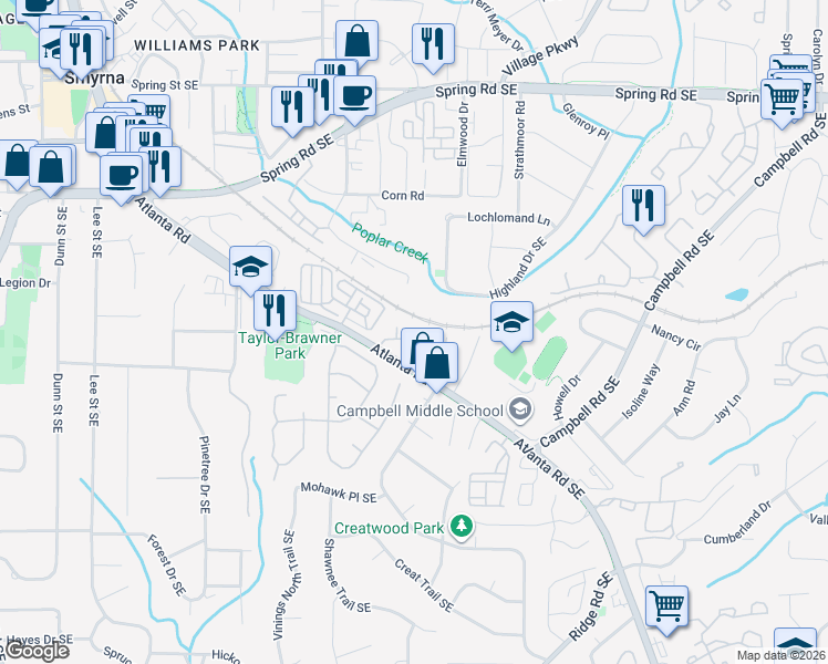 map of restaurants, bars, coffee shops, grocery stores, and more near 1066 Creatwood Circle in Smyrna
