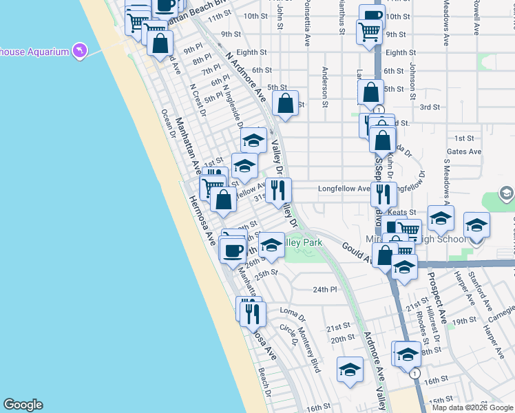 map of restaurants, bars, coffee shops, grocery stores, and more near 411 30th Street in Hermosa Beach