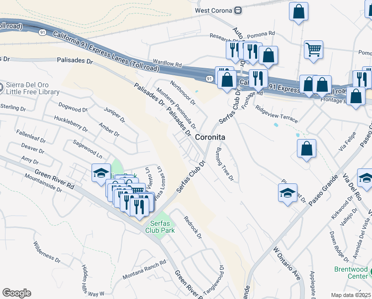 map of restaurants, bars, coffee shops, grocery stores, and more near 2412 Palisades Drive in Corona