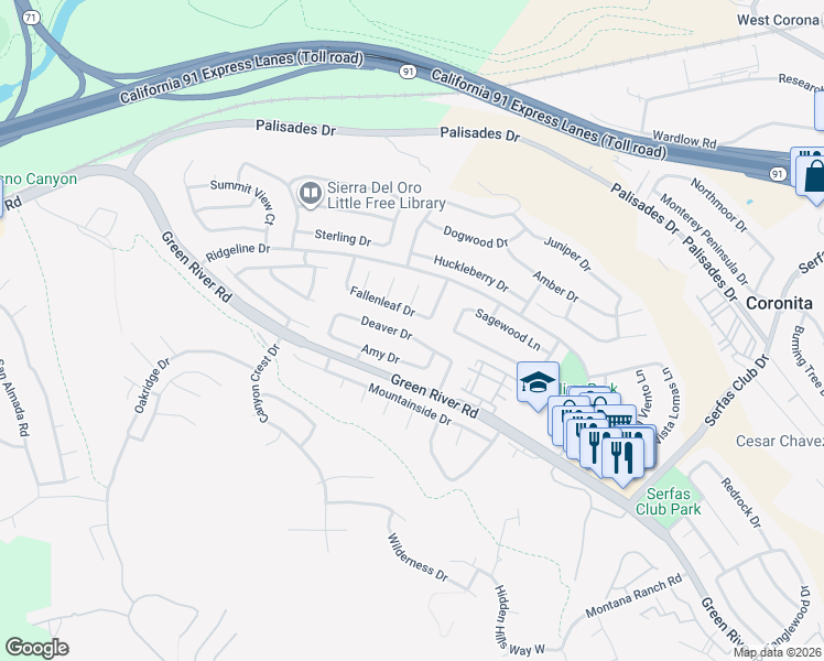 map of restaurants, bars, coffee shops, grocery stores, and more near 3324 Fallenleaf Drive in Corona