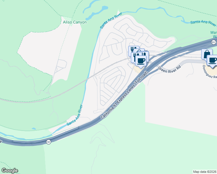 map of restaurants, bars, coffee shops, grocery stores, and more near 4901 Green River Road in Corona
