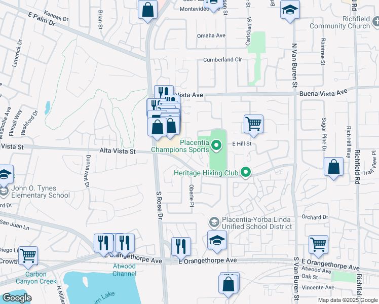 map of restaurants, bars, coffee shops, grocery stores, and more near 725 Blankenship Circle in Placentia