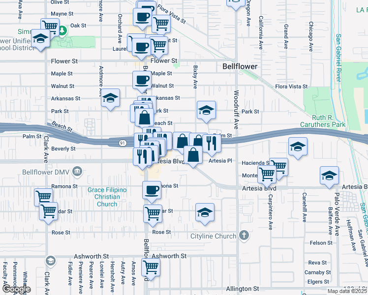 map of restaurants, bars, coffee shops, grocery stores, and more near 9932 Beverly Street in Bellflower