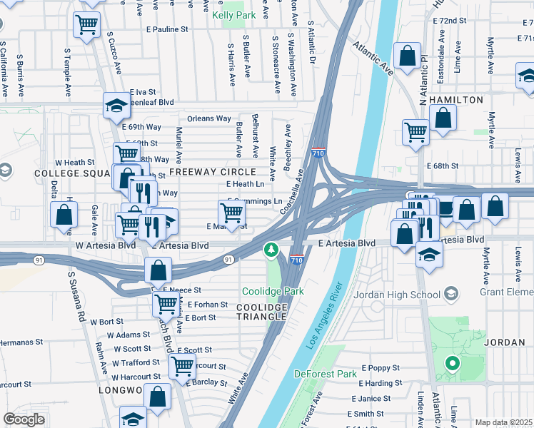 map of restaurants, bars, coffee shops, grocery stores, and more near 335 East Marker Lane in Long Beach
