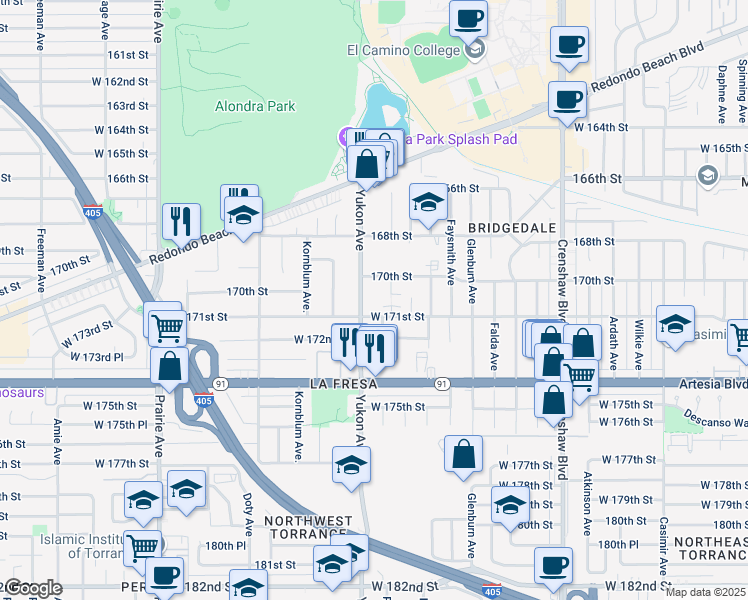 map of restaurants, bars, coffee shops, grocery stores, and more near 17022 Yukon Avenue in Torrance