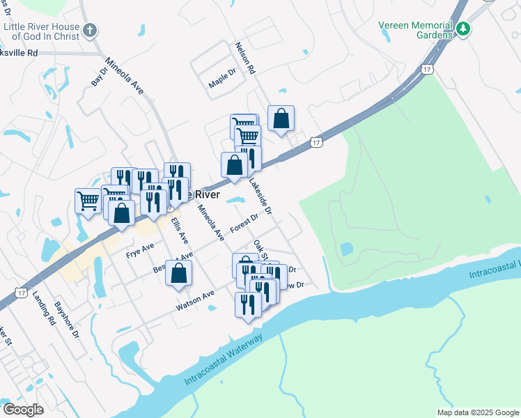 map of restaurants, bars, coffee shops, grocery stores, and more near 1655 Forest Drive in Little River