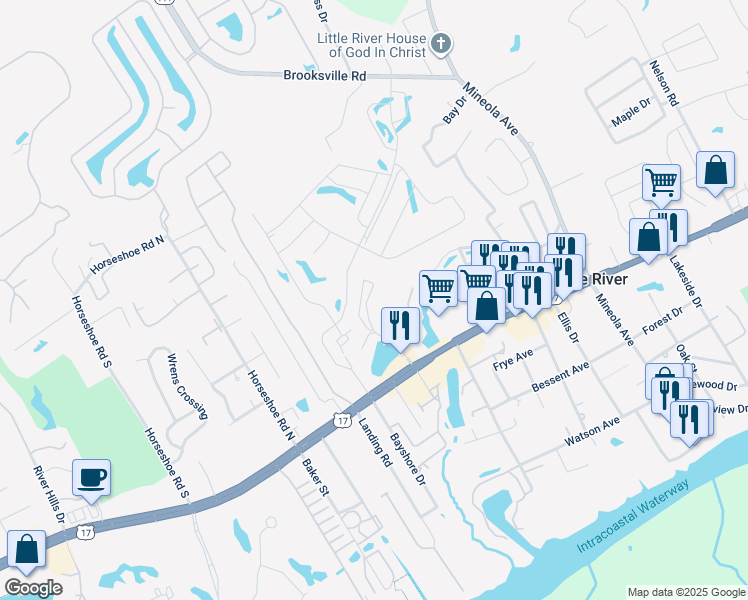 map of restaurants, bars, coffee shops, grocery stores, and more near Q-4 Pinehurst Circle in Little River