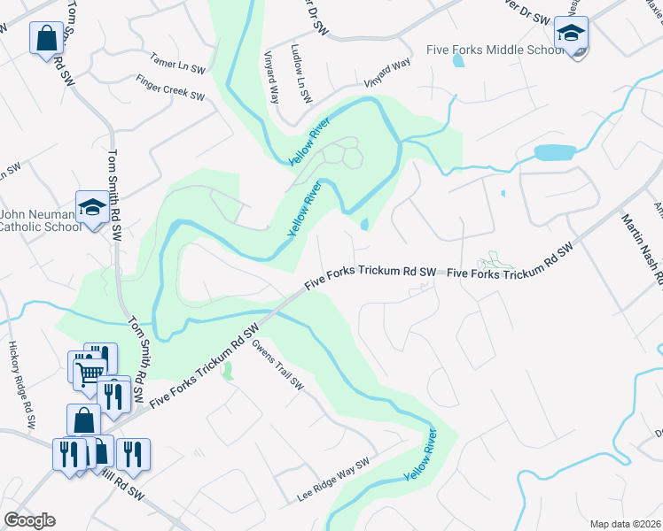 map of restaurants, bars, coffee shops, grocery stores, and more near 954 River Estate Road Southwest in Lilburn